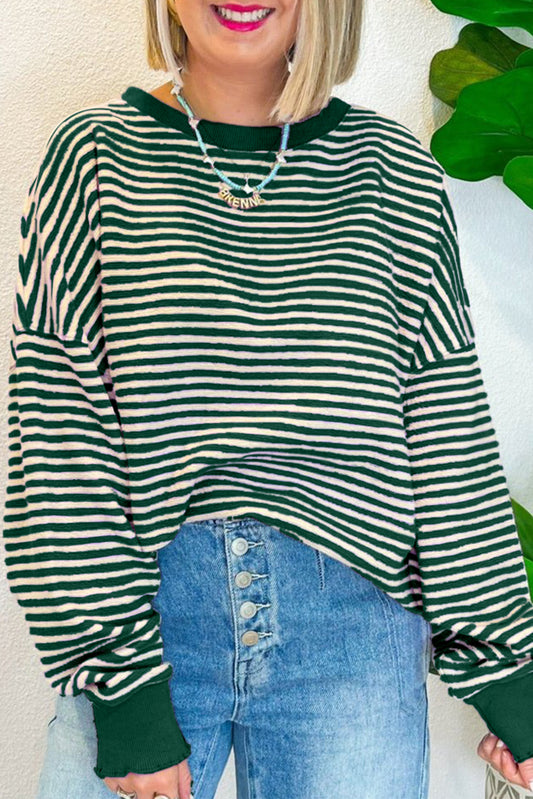 Blue Zone Planet | Green Stripe Drop Shoulder Long Sleeve Top-Long Sleeve Tops-[Adult]-[Female]-Green Stripe-S-2022 Online Blue Zone Planet