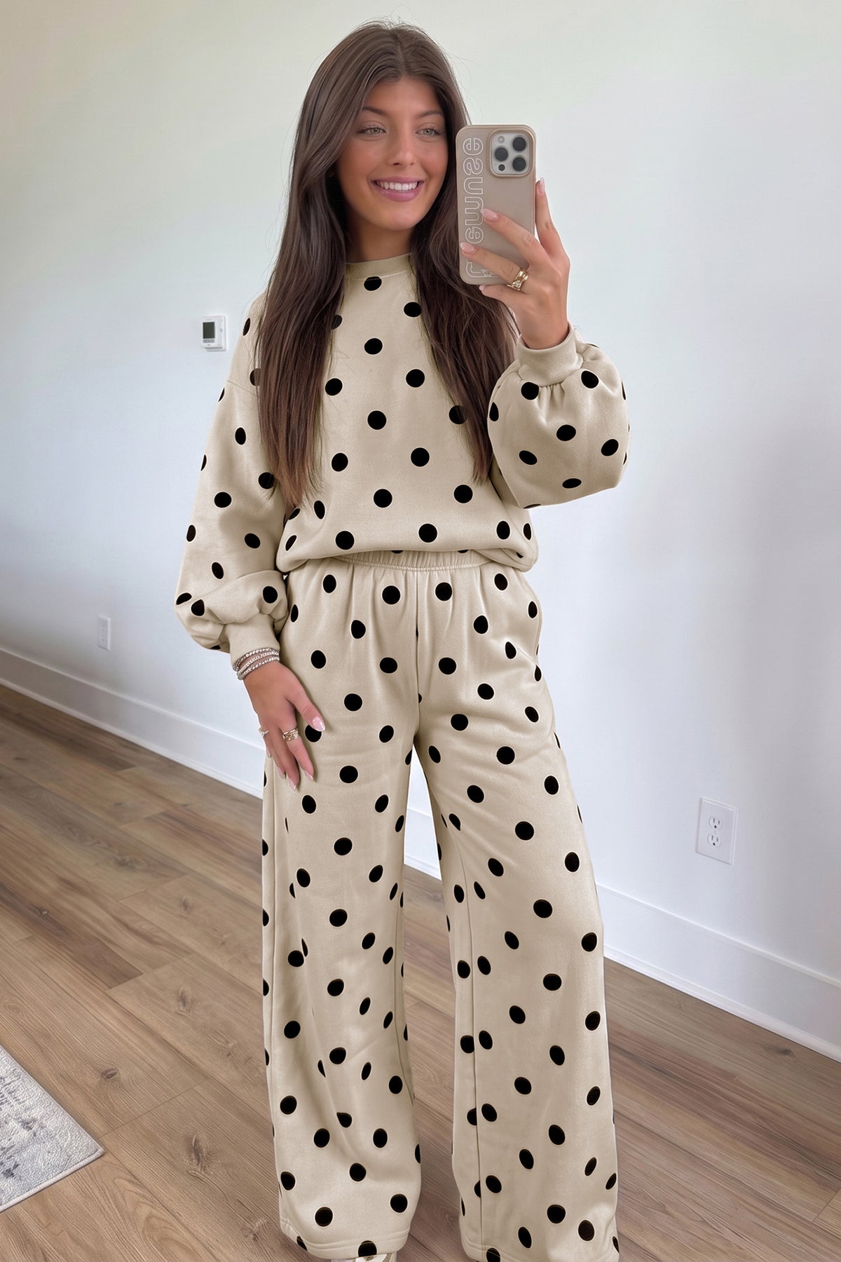 Pink Polka Dot Puff Sleeve Top Casual Pants 2pcs Set-Two Piece Sets/Pant Sets-[Adult]-[Female]-2022 Online Blue Zone Planet