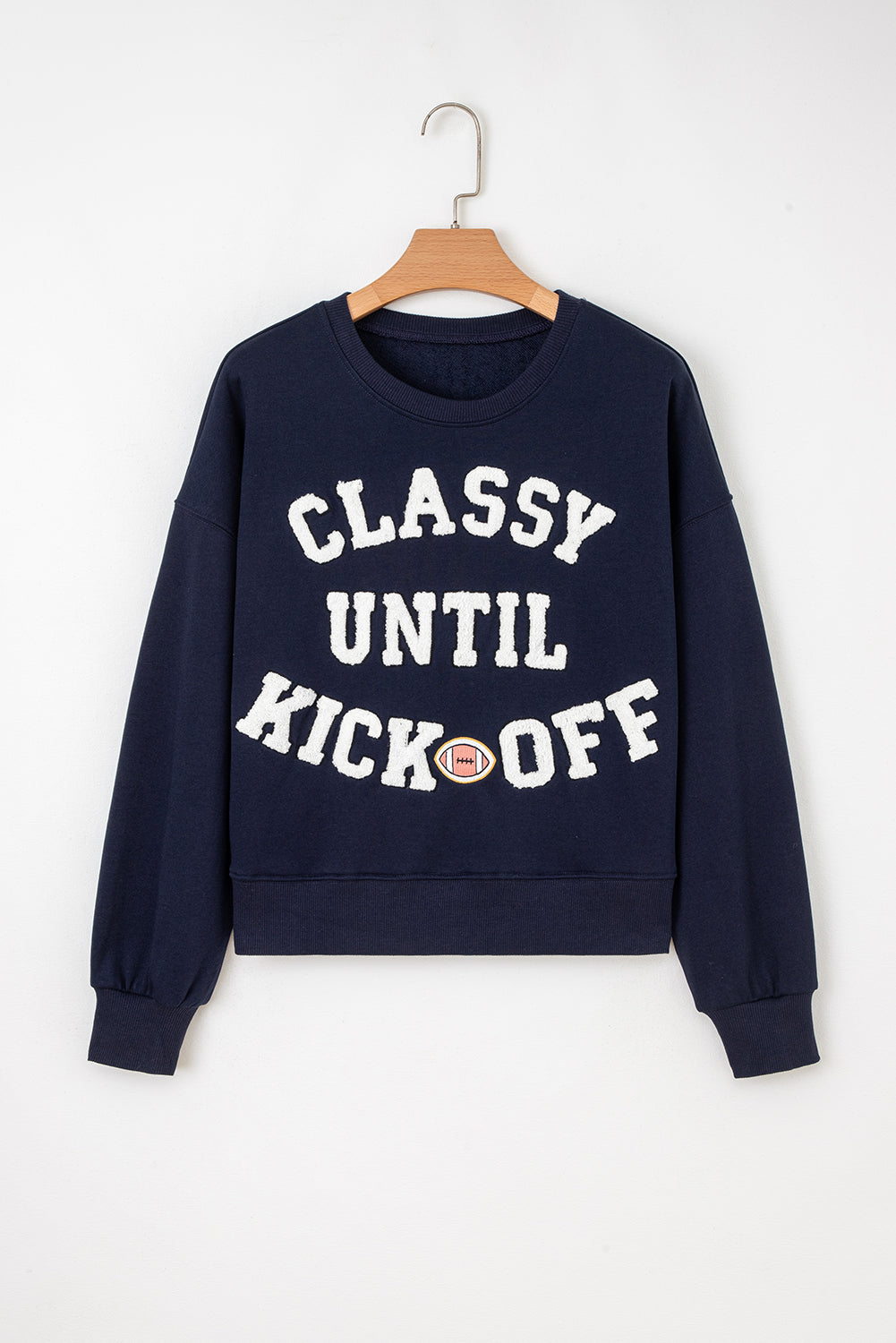 Navy Blue Classy Until Kickoff Plush Letter Patched Loose Sweatshirt-Tops/Sweatshirts & Hoodies-[Adult]-[Female]-2022 Online Blue Zone Planet