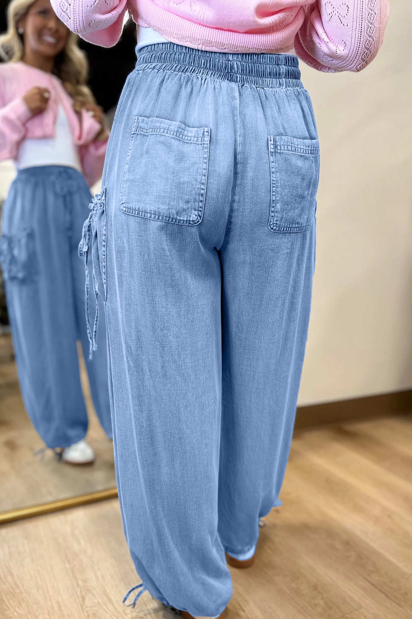 Beau Blue Drawstring Elastic Waist Pocketed Loose Denim Pants-Bottoms/Jeans-[Adult]-[Female]-2022 Online Blue Zone Planet