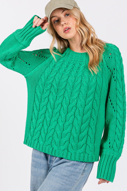 SAGE + FIG Cable-Knit Long Sleeve Sweater-TOPS / DRESSES-[Adult]-[Female]-Emerald-S-2022 Online Blue Zone Planet