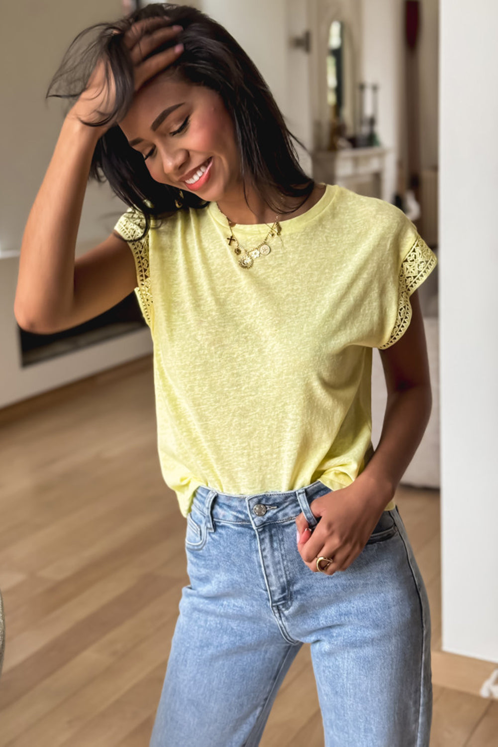 Yellow Cream Lace Patchwork Cap Sleeve Round Neck T Shirt-Tops/Tops & Tees-[Adult]-[Female]-2022 Online Blue Zone Planet
