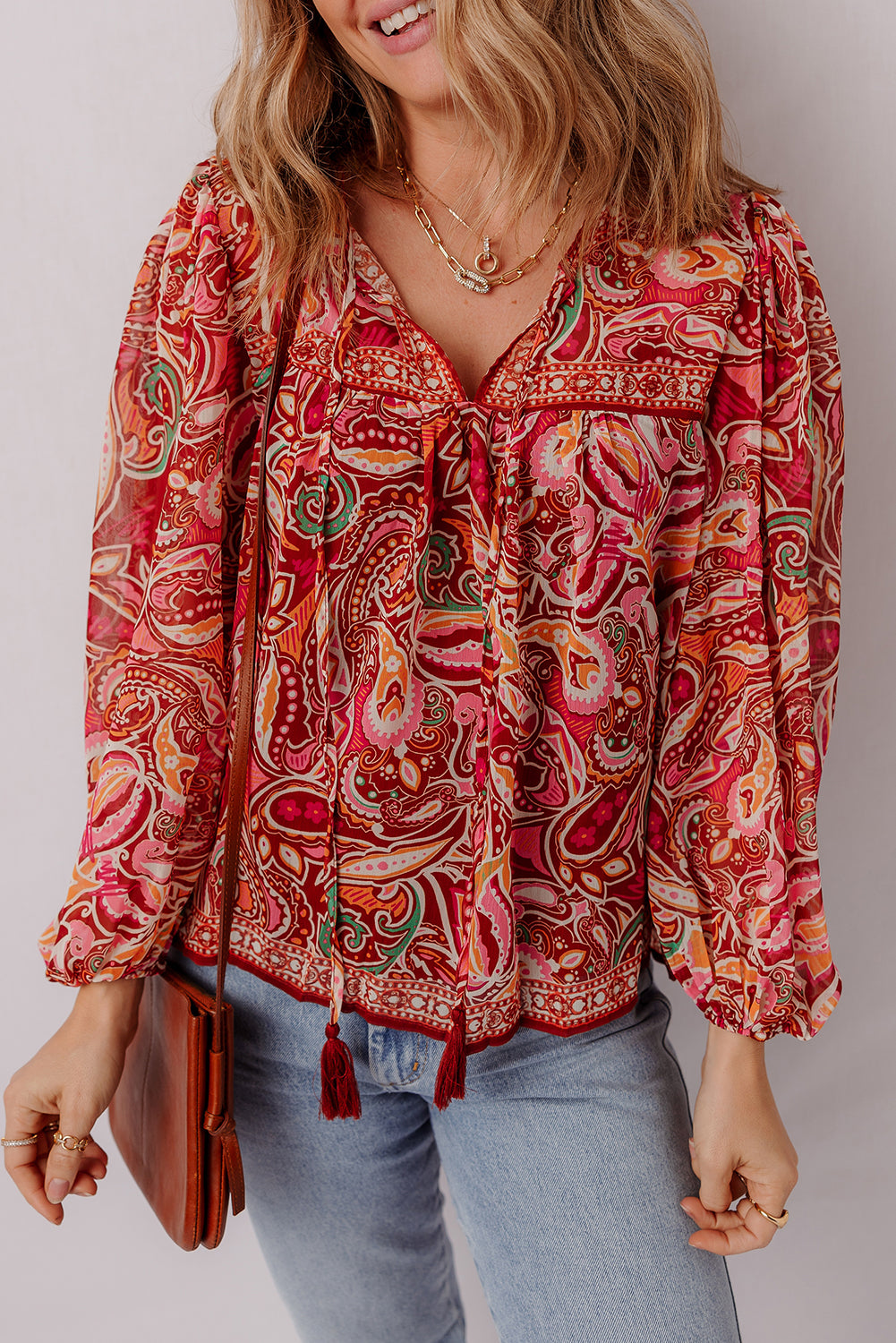 Multicolour Ethnic Paisley Print Tassel Tie Puff Sleeve Boho Blouse-Tops/Blouses & Shirts-[Adult]-[Female]-Multicolour-S-2022 Online Blue Zone Planet