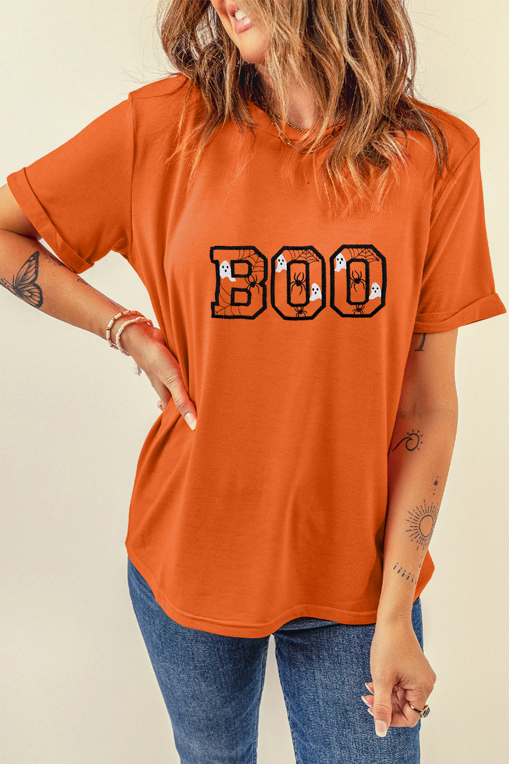 Orange BOO Halloween Ghost Spider Embroidered Graphic Tee-Graphic/Graphic Tees-[Adult]-[Female]-2022 Online Blue Zone Planet