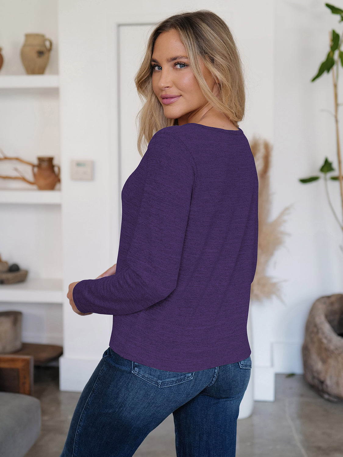 Blue Zone Planet | Button Up Round Neck Long Sleeve Cardigan-TOPS / DRESSES-[Adult]-[Female]-Purple-S-2022 Online Blue Zone Planet