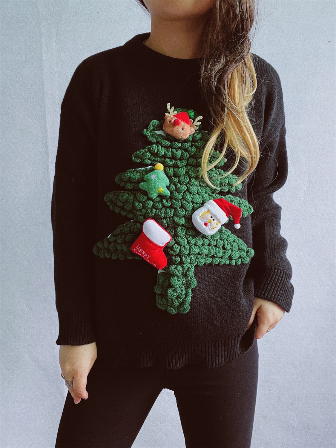 Christmas Tree Round Neck Long Sleeve Sweater-TOPS / DRESSES-[Adult]-[Female]-Black-One Size-2022 Online Blue Zone Planet