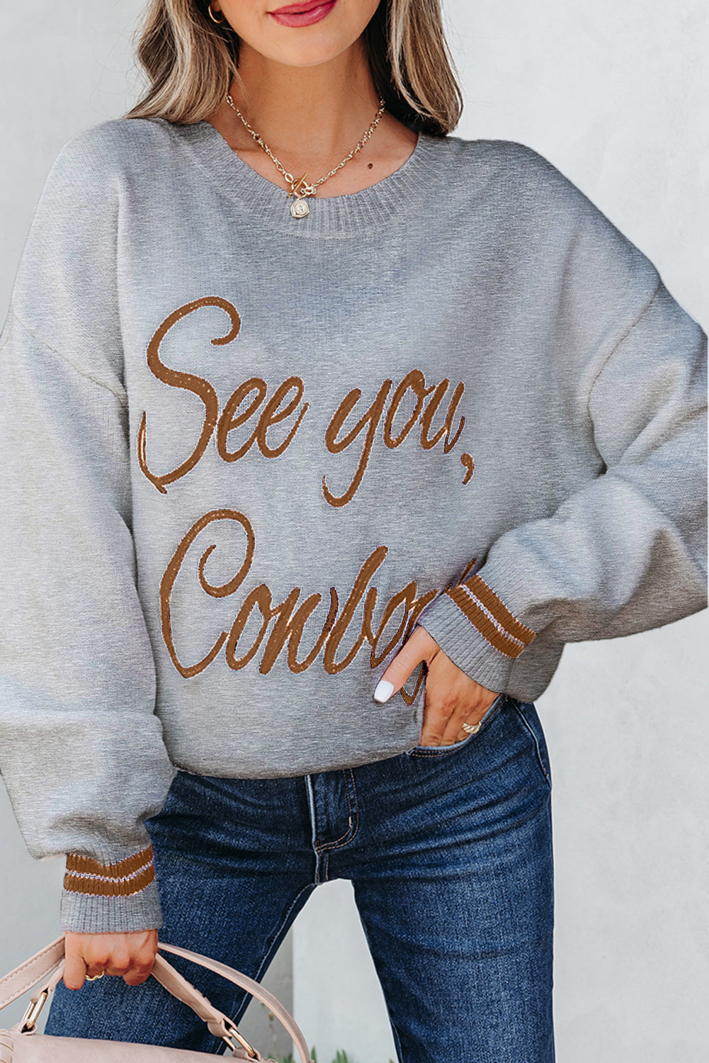 Light Grey See You Cowboy Embroidered Western Graphic Sweater-TOPS / DRESSES-[Adult]-[Female]-2022 Online Blue Zone Planet
