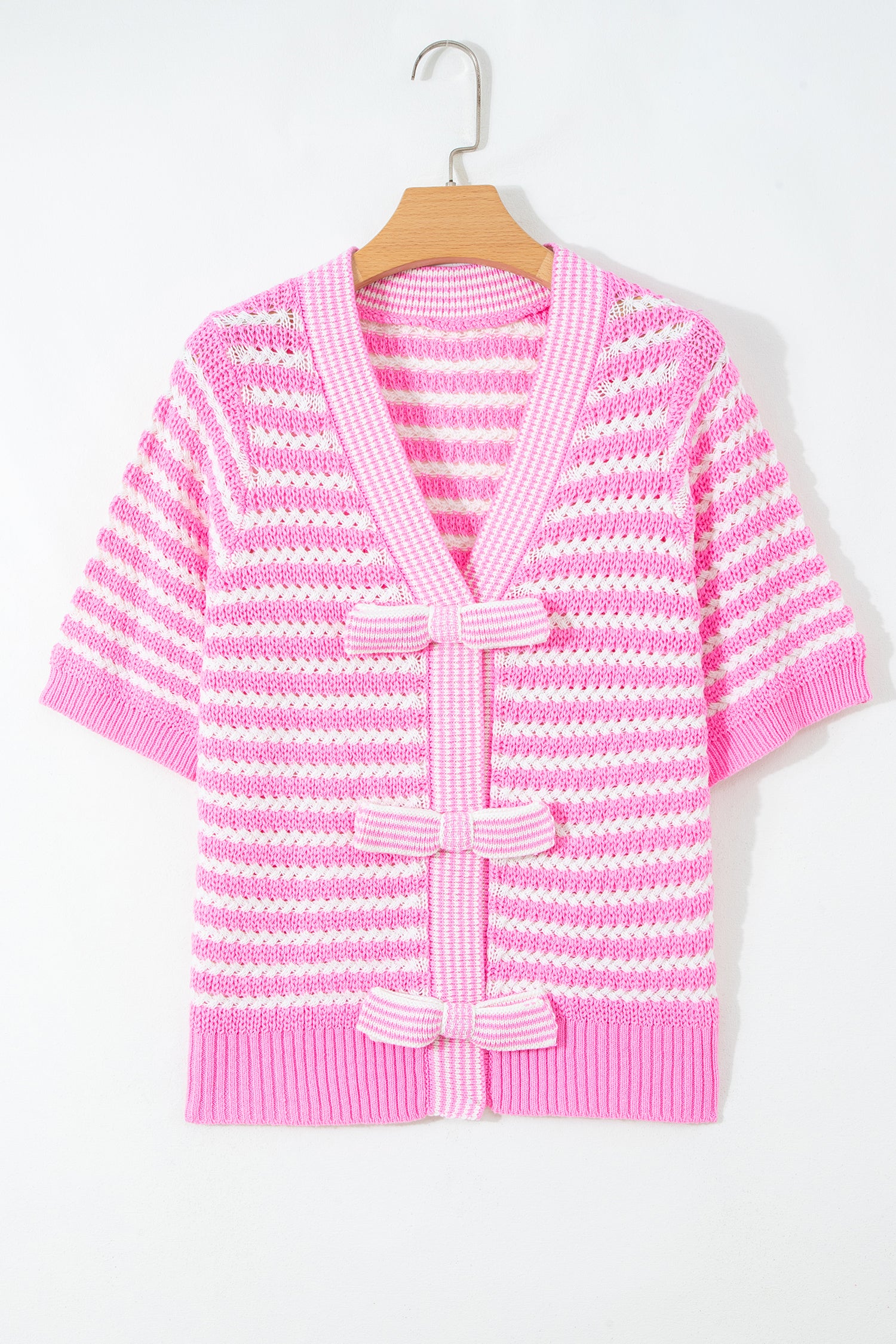 Pink Stripe Short Sleeve Knit V Neck Bow Knot Sweater-TOPS / DRESSES-[Adult]-[Female]-2022 Online Blue Zone Planet