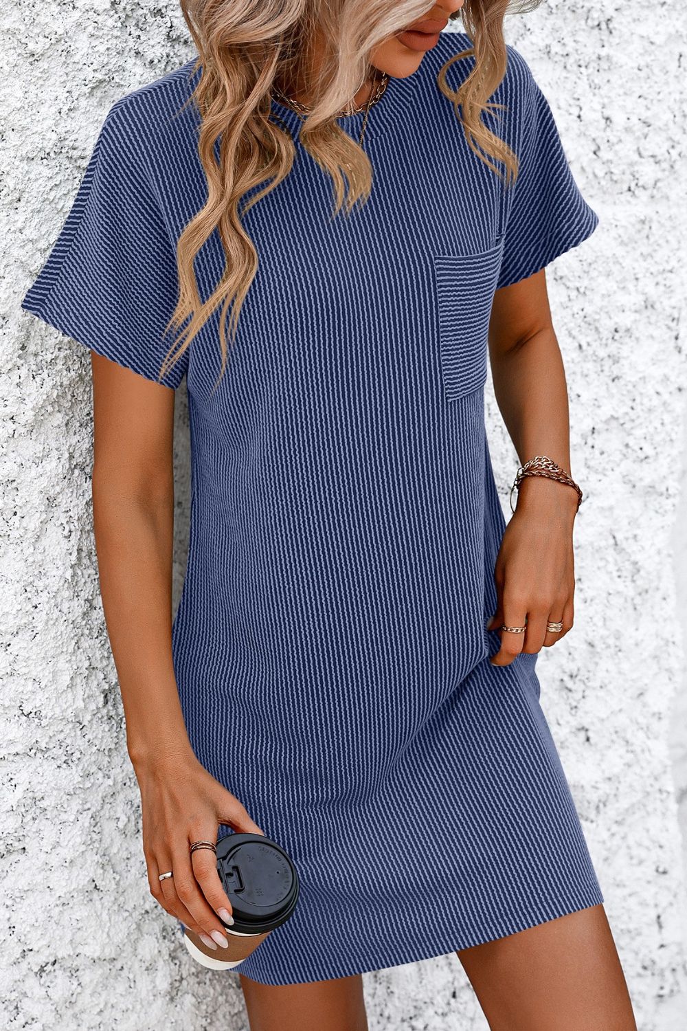 Ribbed Striped Short Sleeve Mini Tee Dress BLUE ZONE PLANET