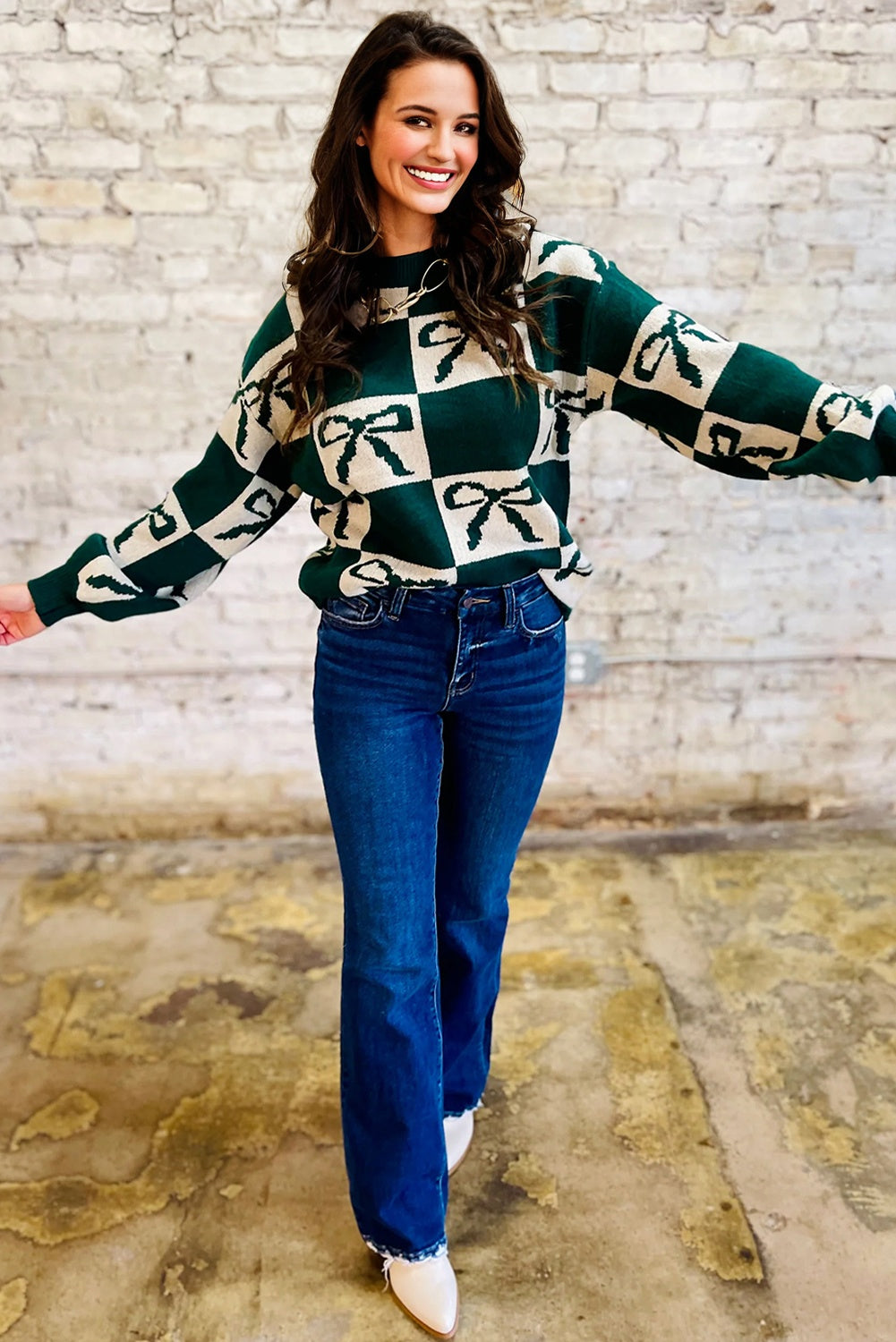 Blackish Green Checkered Bow Print Casual Sweater-TOPS / DRESSES-[Adult]-[Female]-2022 Online Blue Zone Planet