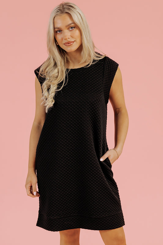 Black Textured Cap Sleeve T-Shirt Shift Mini Dress-TOPS / DRESSES-[Adult]-[Female]-Black-S-2022 Online Blue Zone Planet