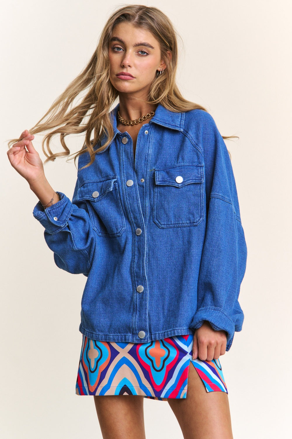 J.NNA Snap Down Long Sleeve Denim Shacket-TOPS / DRESSES-[Adult]-[Female]-Dark Denim-S-2022 Online Blue Zone Planet