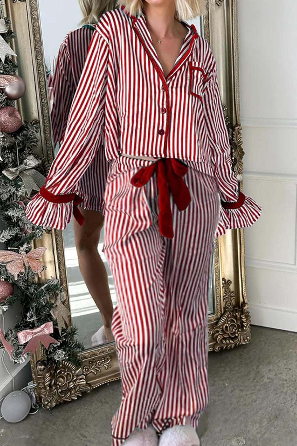 Red Striped Contrast Velvet Trim Knot Waist Pajama Set-Loungewear Set-[Adult]-[Female]-Red Stripe-L-2022 Online Blue Zone Planet