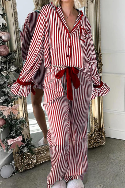 Red Striped Contrast Velvet Trim Knot Waist Pajama Set-Loungewear Set-[Adult]-[Female]-Red Stripe-L-2022 Online Blue Zone Planet
