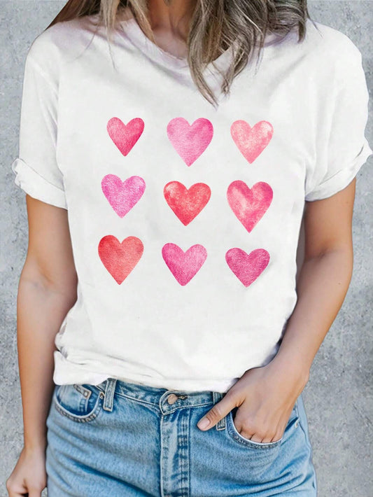 Heart Round Neck Short Sleeve T-Shirt-TOPS / DRESSES-[Adult]-[Female]-White-S-2022 Online Blue Zone Planet