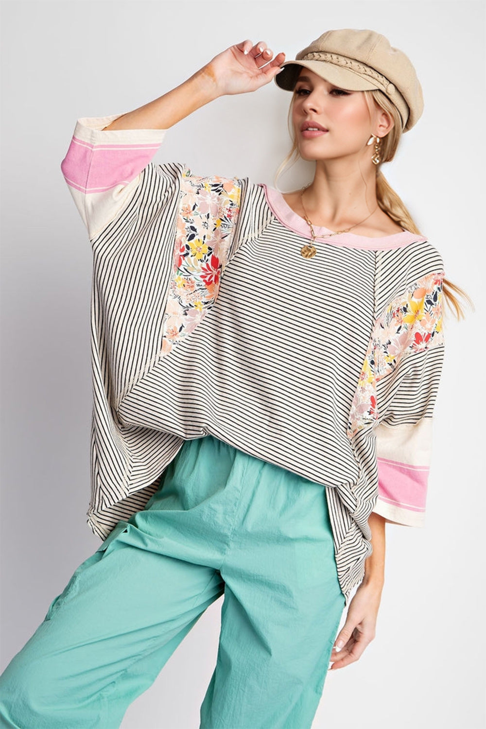 Color Block Printed Three-Quarter Sleeve Top-TOPS / DRESSES-[Adult]-[Female]-Blush Pink-S-2022 Online Blue Zone Planet