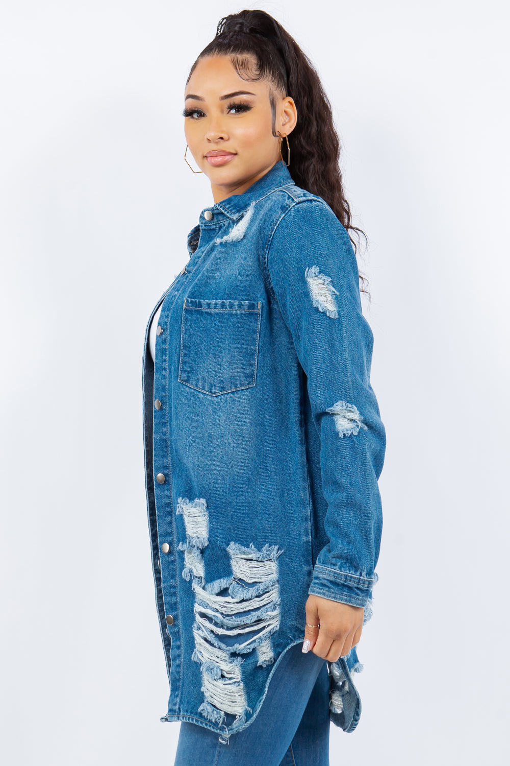 American Bazi Distressed Button Up Long Sleeve Denim Jacket-TOPS / DRESSES-[Adult]-[Female]-2022 Online Blue Zone Planet