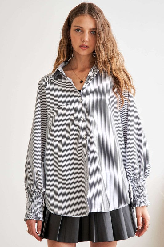 ADORA High-Low Striped Button Down Smocked Lantern Sleeve Shirt-TOPS / DRESSES-[Adult]-[Female]-2022 Online Blue Zone Planet