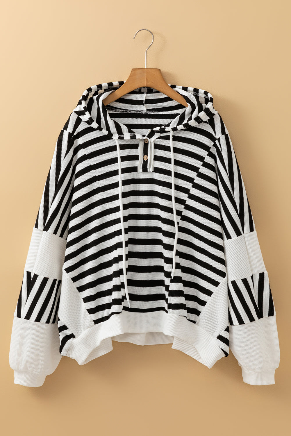 Blue Zone Planet | Black white Oversized Striped Henley Buttons Dolman Sleeve Hooded Top-Tops/Long Sleeve Tops-[Adult]-[Female]-2022 Online Blue Zone Planet