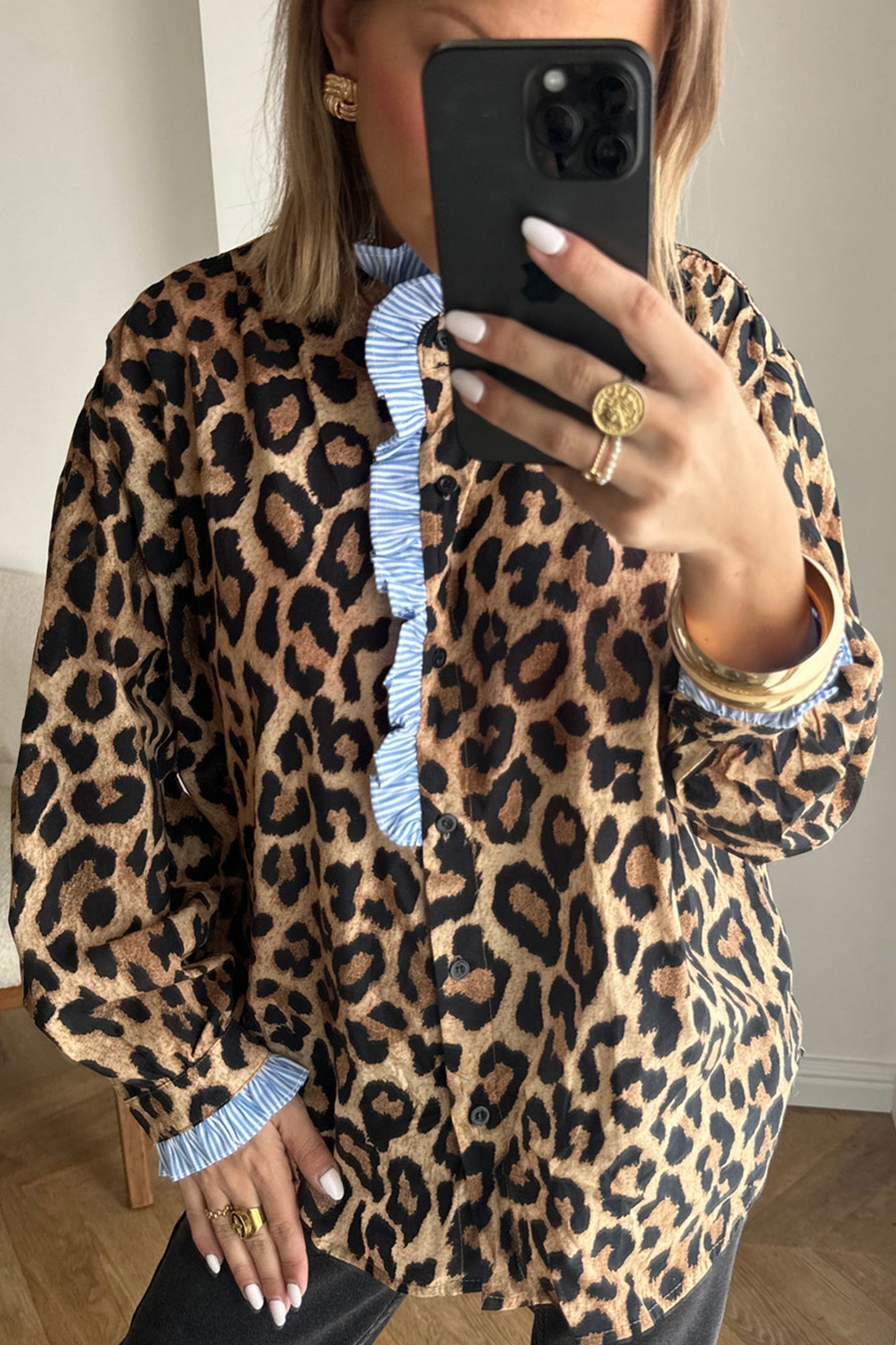 Brown Wild Leopard Print Contrast Striped Frilled Trim Chic Shirt-Tops/Blouses & Shirts-[Adult]-[Female]-2022 Online Blue Zone Planet