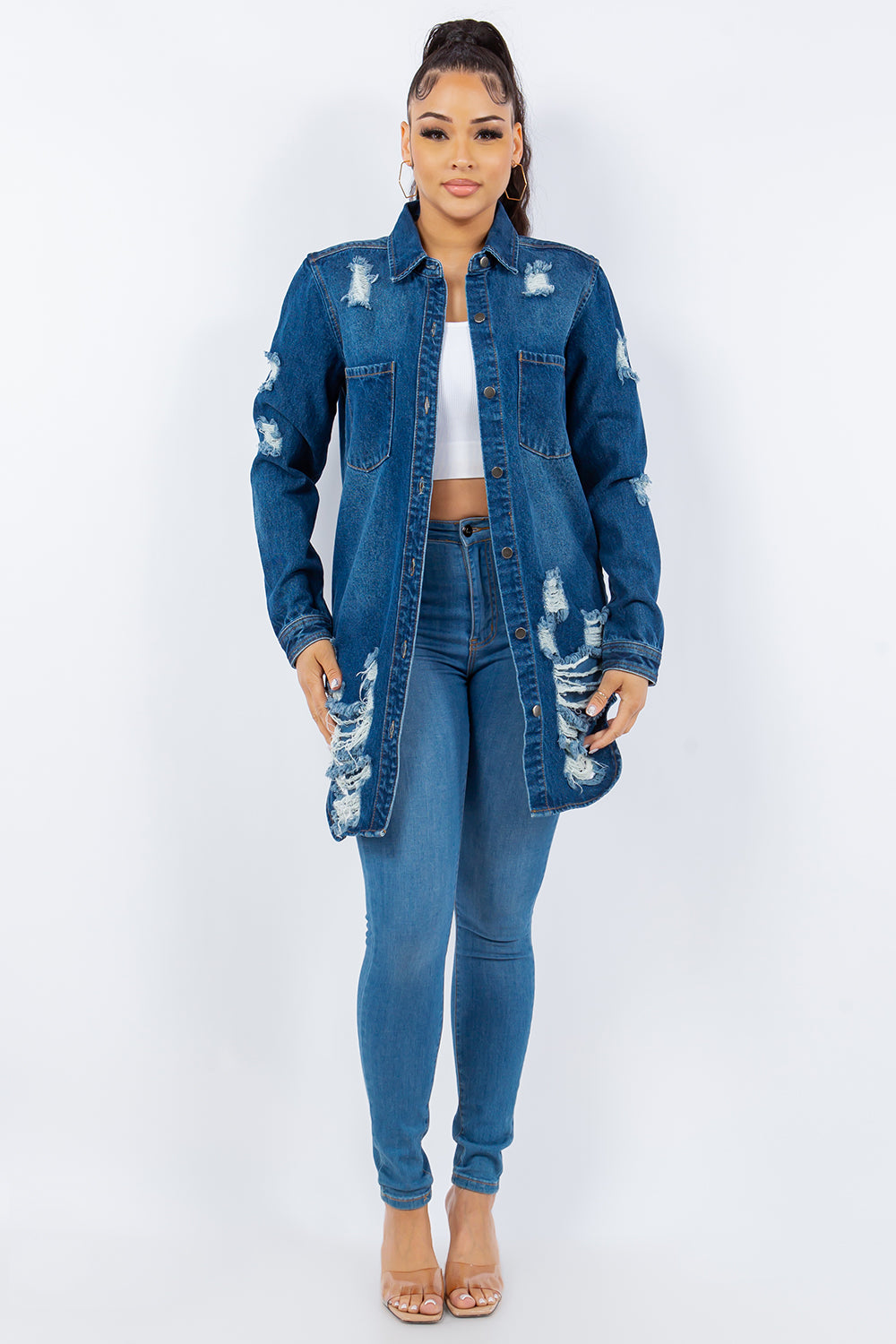 Blue Zone Planet | American Bazi Distressed Button Up Long Sleeve Denim Jacket-TOPS / DRESSES-[Adult]-[Female]-2022 Online Blue Zone Planet