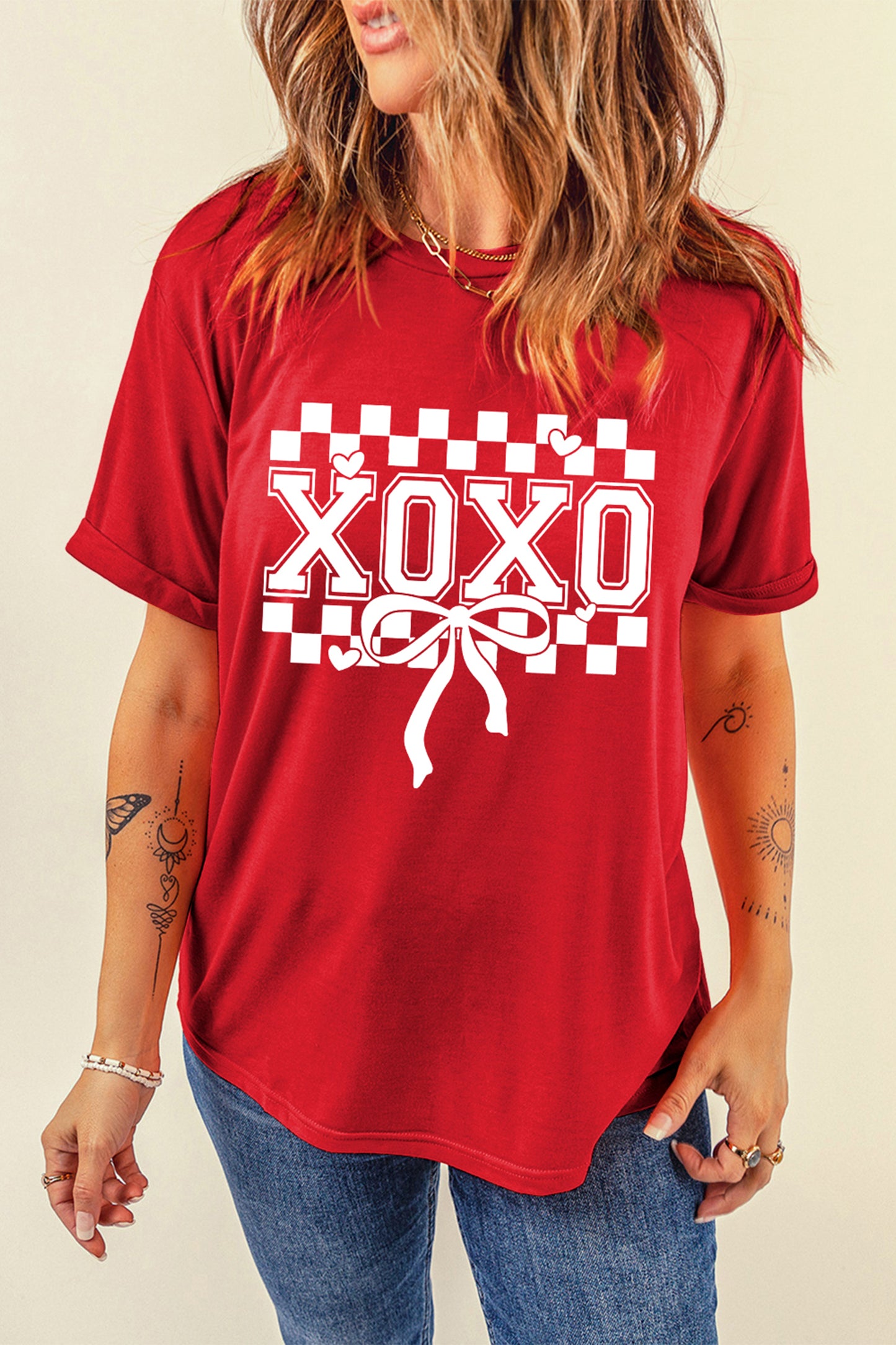 Red Xoxo Checkered Ribbon Bow Print Valentines Day T Shirt-Graphic Tees-[Adult]-[Female]-2022 Online Blue Zone Planet