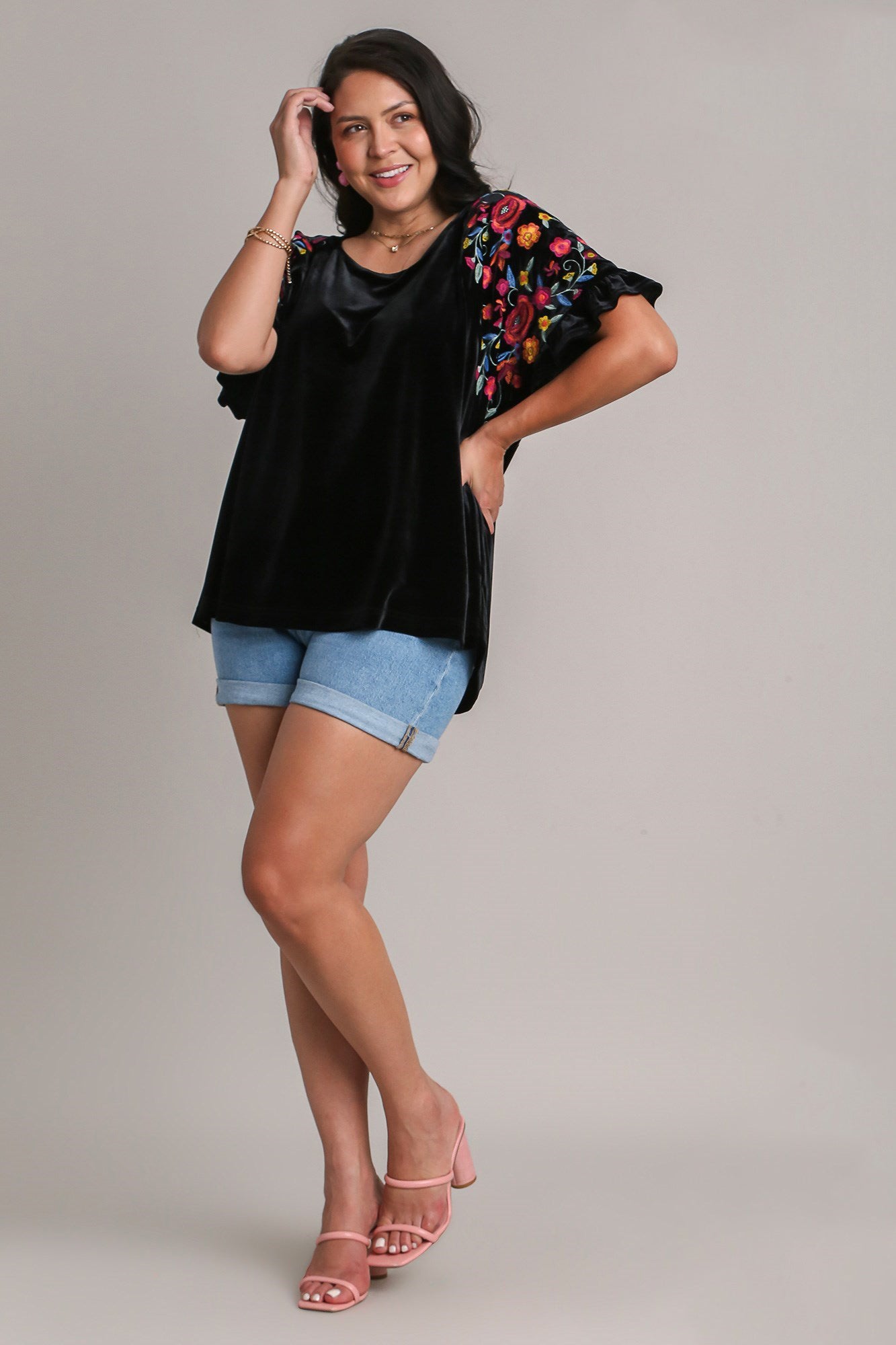 Blue Zone Planet | Umgee Full Size Velvet Embroidery Short Sleeve Blouse-TOPS / DRESSES-[Adult]-[Female]-2022 Online Blue Zone Planet