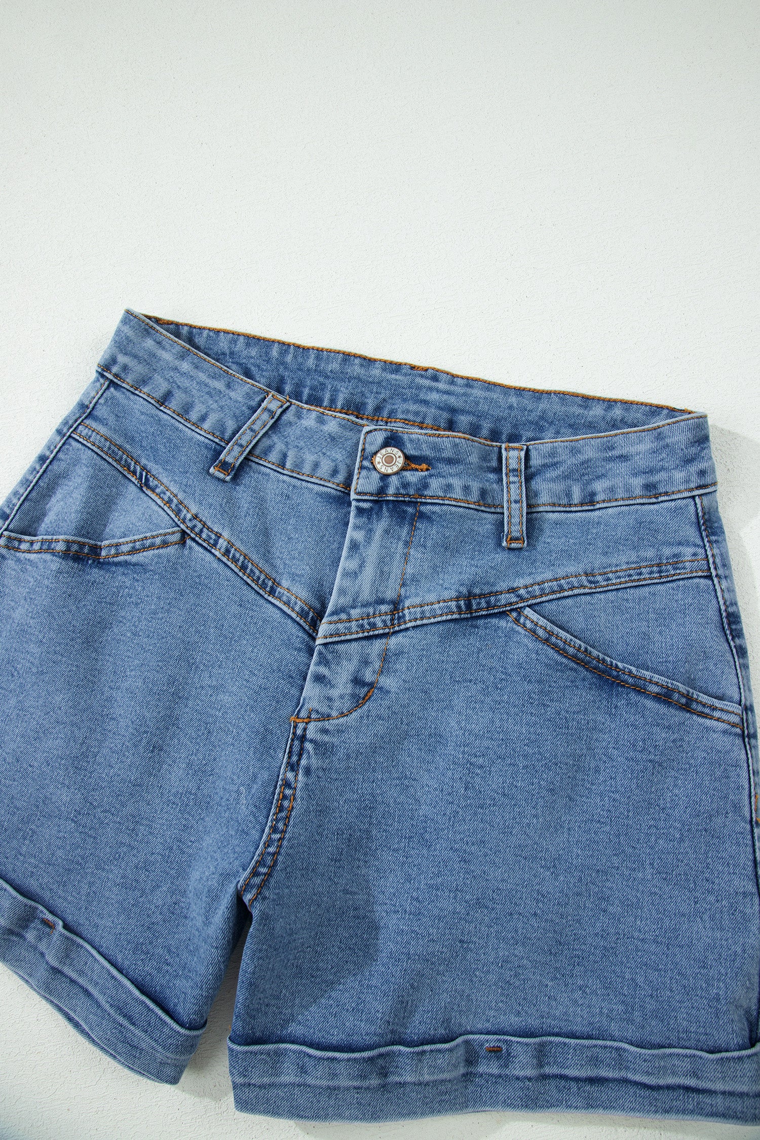 Ivy Seam Detail Pocketed Cuffed Hem Denim Shorts-Bottoms/Denim Shorts-[Adult]-[Female]-2022 Online Blue Zone Planet