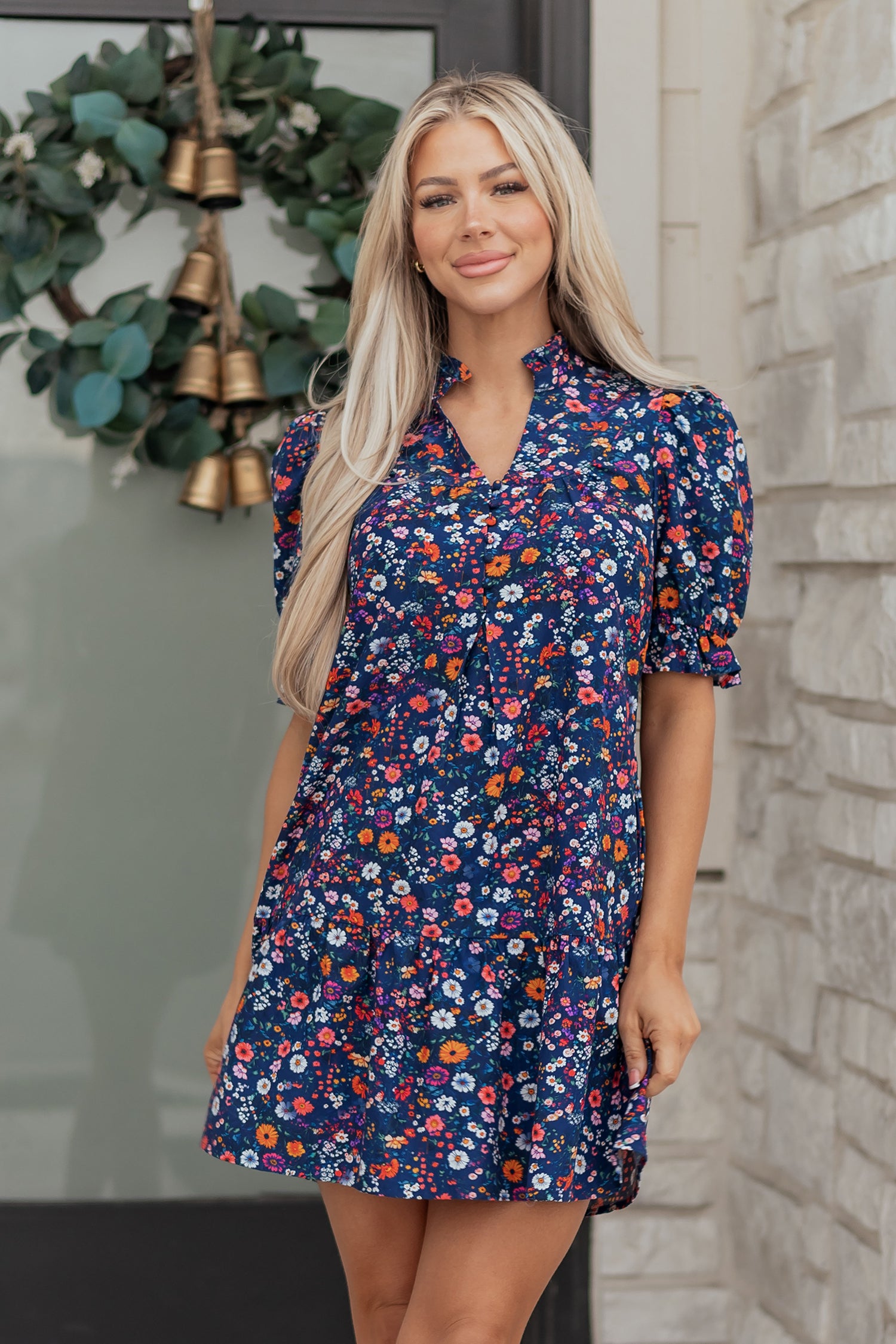 Blue Wild Daisy Floral Split Neck Short Puff Sleeve Mini Dress-TOPS / DRESSES-[Adult]-[Female]-2022 Online Blue Zone Planet