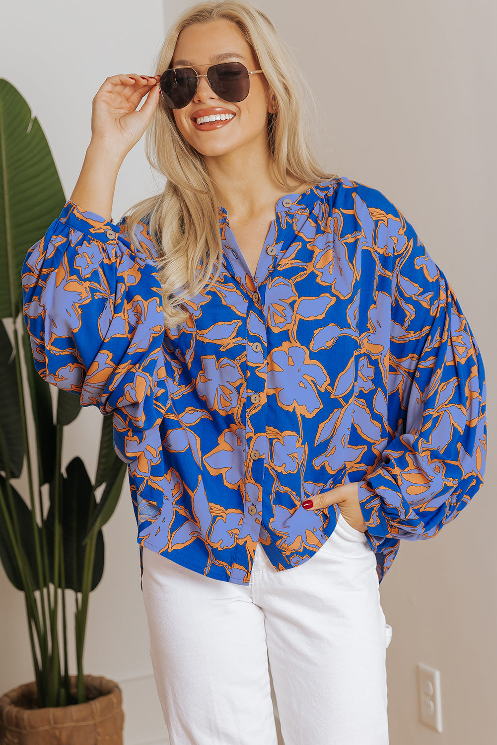 Blue Zone Planet | Blue Floral Print Batwing Sleeve Buttoned Loose Fit Shirt-Tops/Blouses & Shirts-[Adult]-[Female]-2022 Online Blue Zone Planet