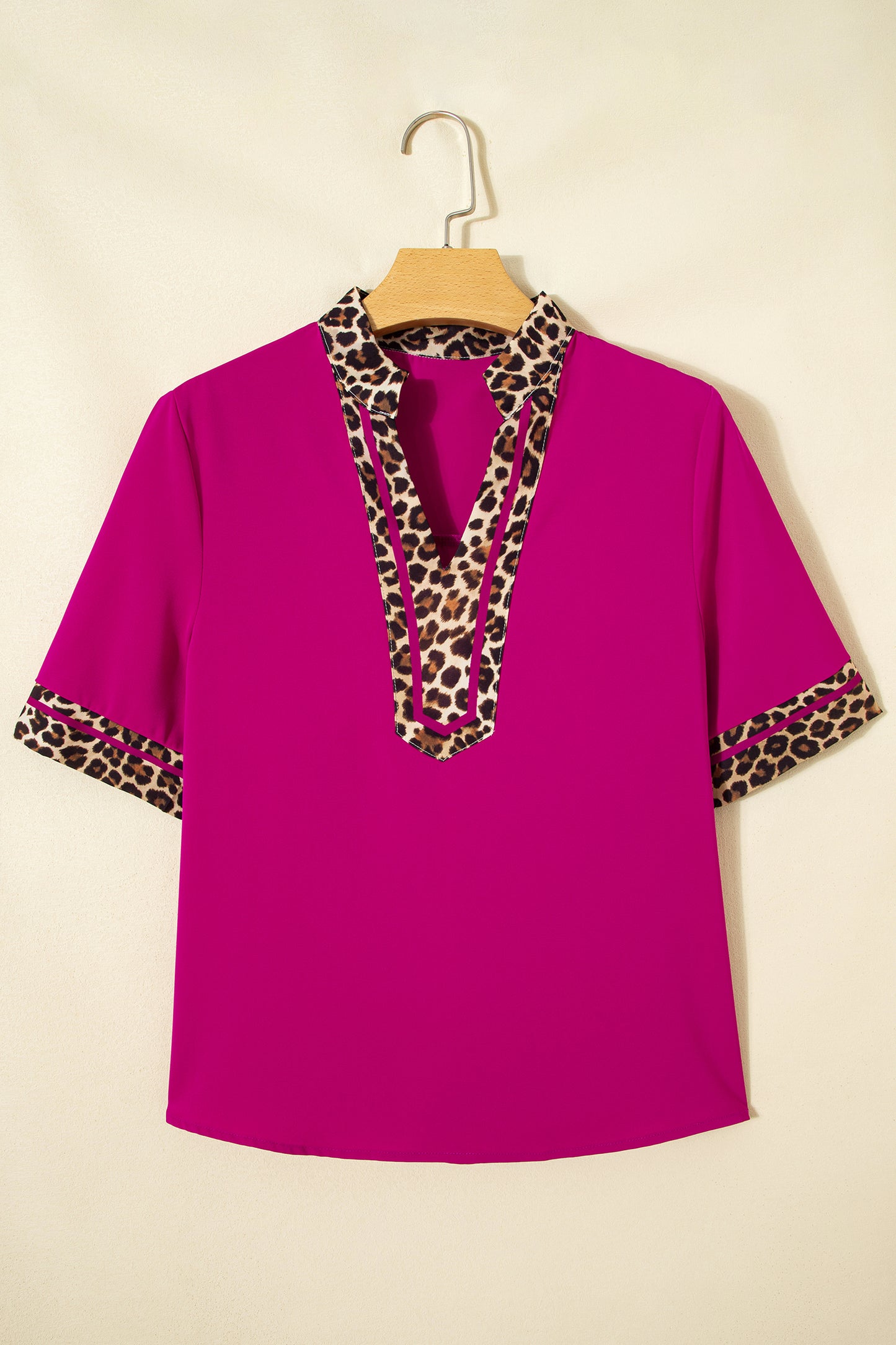 Violet Leopard Patchwork Trim Split Neck Short Sleeve Blouse-Tops/Blouses & Shirts-[Adult]-[Female]-2022 Online Blue Zone Planet