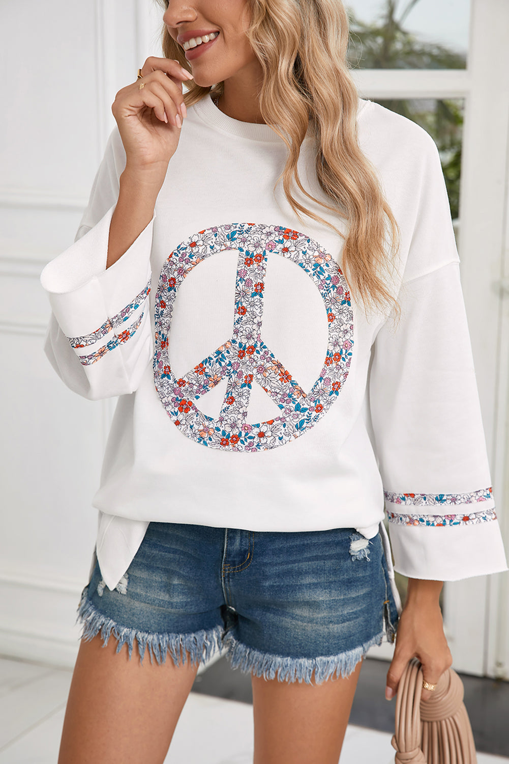 Light Pink Floral Peace Sign Drop Shoulder Top-Long Sleeve Tops-[Adult]-[Female]-2022 Online Blue Zone Planet