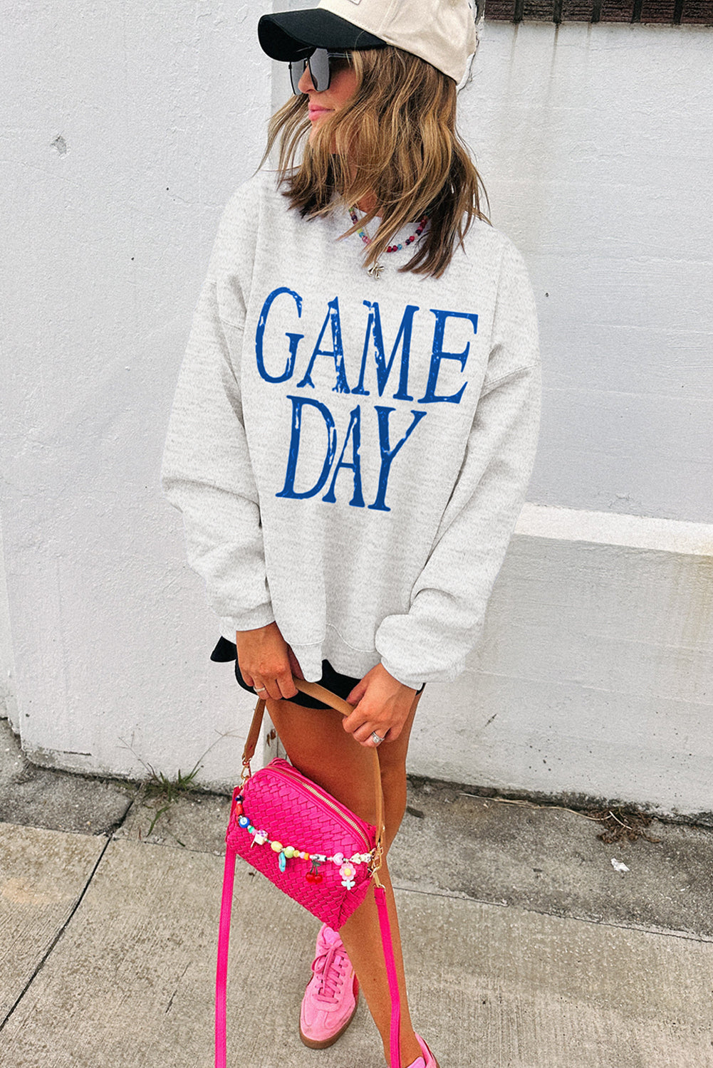Blue Vintage Washed Game Day Graphic Baggy Sweatshirt-Tops/Sweatshirts & Hoodies-[Adult]-[Female]-2022 Online Blue Zone Planet