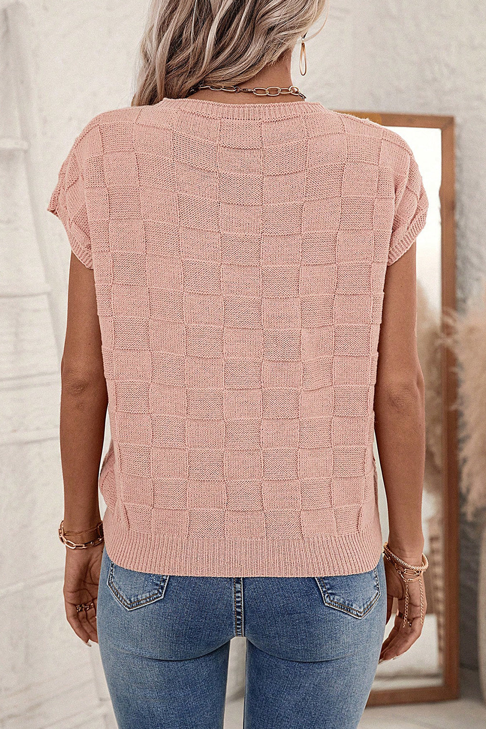 Bright Pink Lattice Textured Knit Short Sleeve Sweater-Sweaters & Cardigans/Short Sleeve Sweaters-[Adult]-[Female]-2022 Online Blue Zone Planet