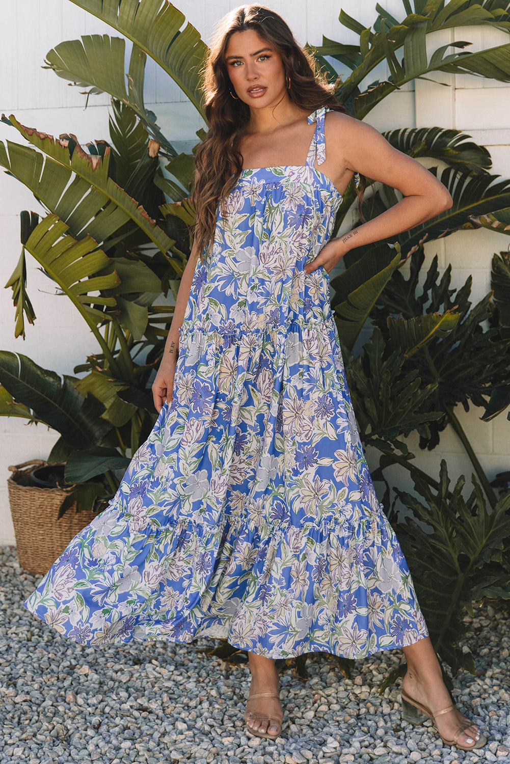 Sky Blue Floral Print Self-tie Straps Flowy Ruffle Long Dress-TOPS / DRESSES-[Adult]-[Female]-2022 Online Blue Zone Planet