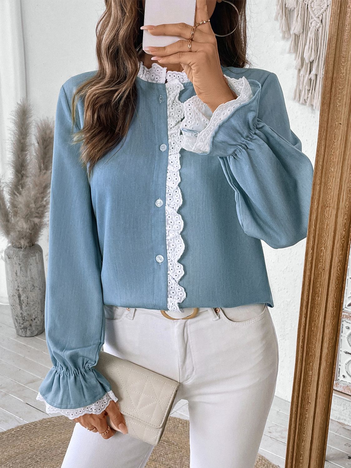 Perfee Lace Detail Button Down Long Sleeve Shirt-TOPS / DRESSES-[Adult]-[Female]-2022 Online Blue Zone Planet