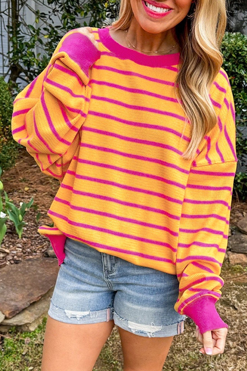 Blue Zone Planet | Orange Stripe Trimmed Round Neck Drop Shoulder Loose Sweater-TOPS / DRESSES-[Adult]-[Female]-2022 Online Blue Zone Planet