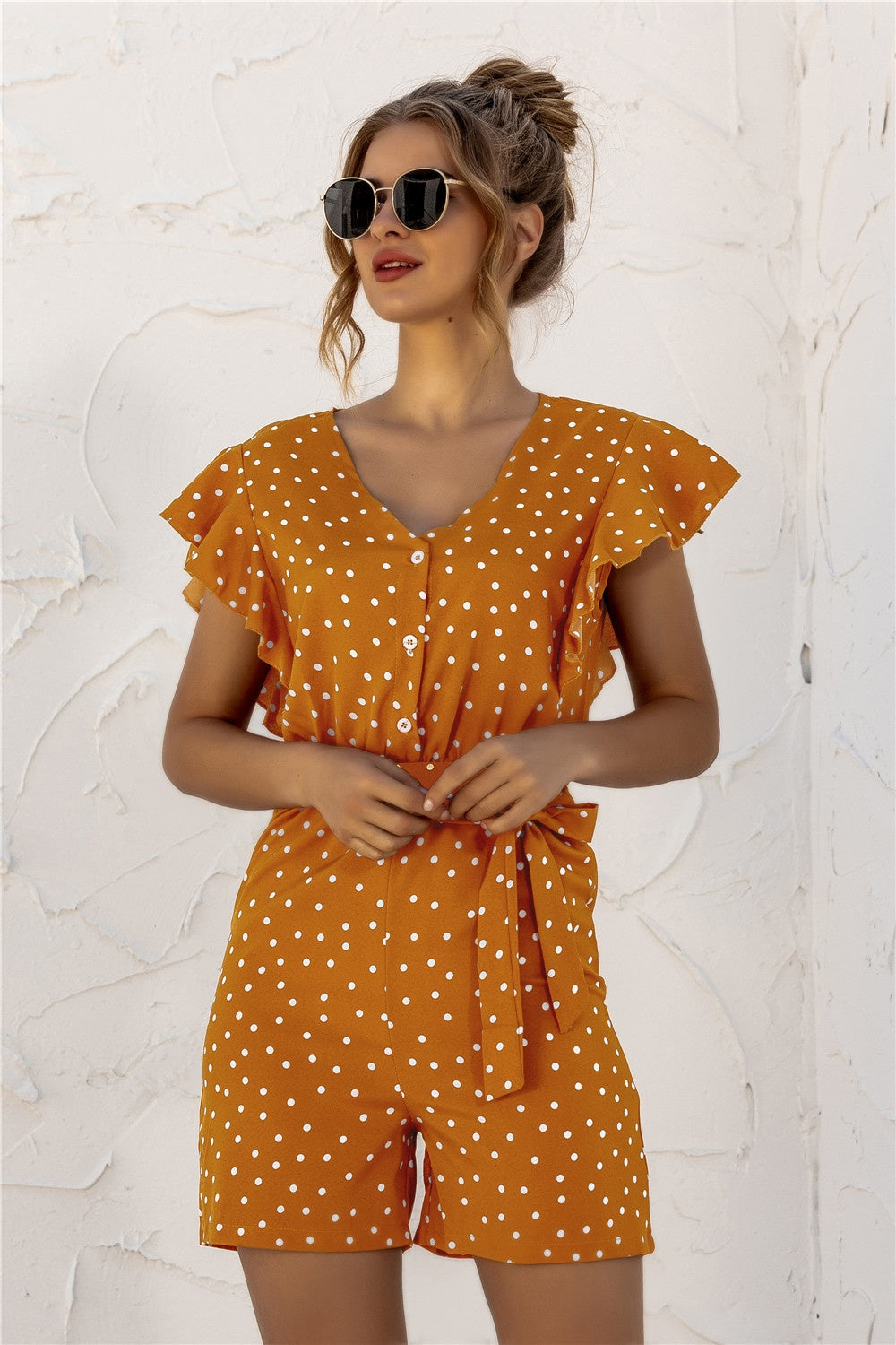 Ruffled Polka Dot Half Button Romper-TOPS / DRESSES-[Adult]-[Female]-2022 Online Blue Zone Planet