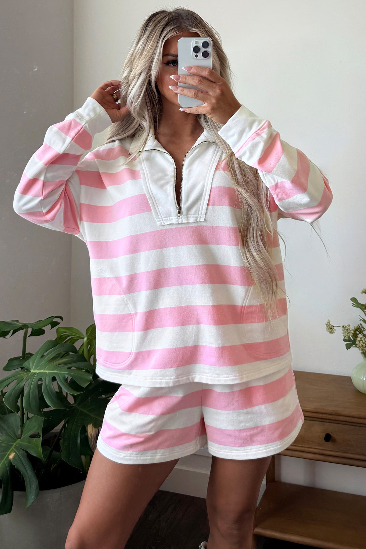 Pink Stripe Patchwork Zipper Pullover Elastic Waist Shorts 2pcs Set-Two Piece Sets/Short Sets-[Adult]-[Female]-2022 Online Blue Zone Planet