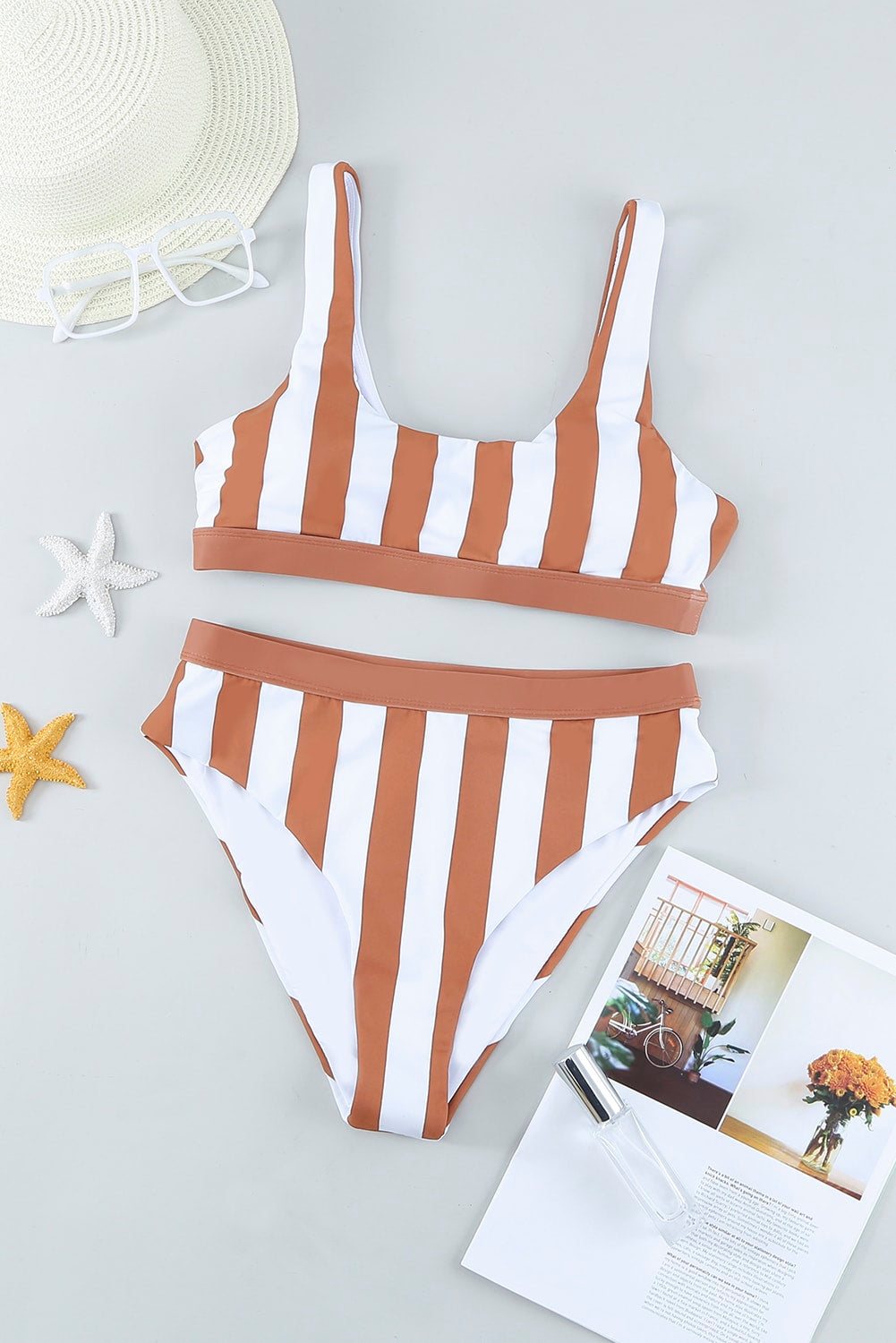 Brown Striped Colorblock Bikini Swimsuit-Bikini Sets-[Adult]-[Female]-2022 Online Blue Zone Planet