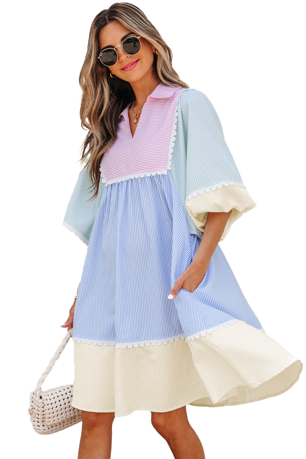 Multicolour Striped Patchwork Ric Rac Puff Sleeve Collared Mini Dress-TOPS / DRESSES-[Adult]-[Female]-2022 Online Blue Zone Planet