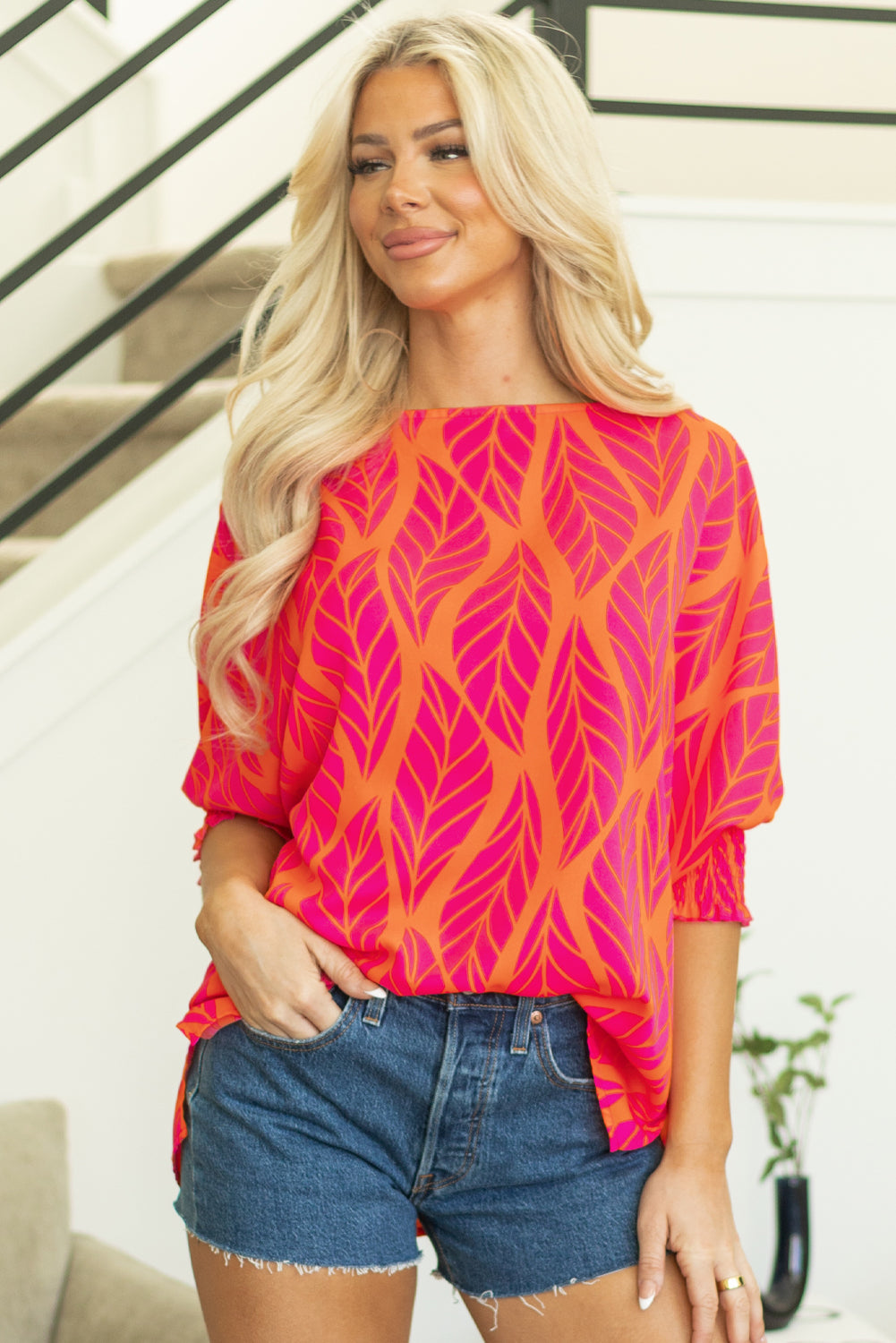 Blue Zone Planet | Rose Tropical Leaf Print Smocked Puff Sleeve Blouse-Tops/Blouses & Shirts-[Adult]-[Female]-2022 Online Blue Zone Planet