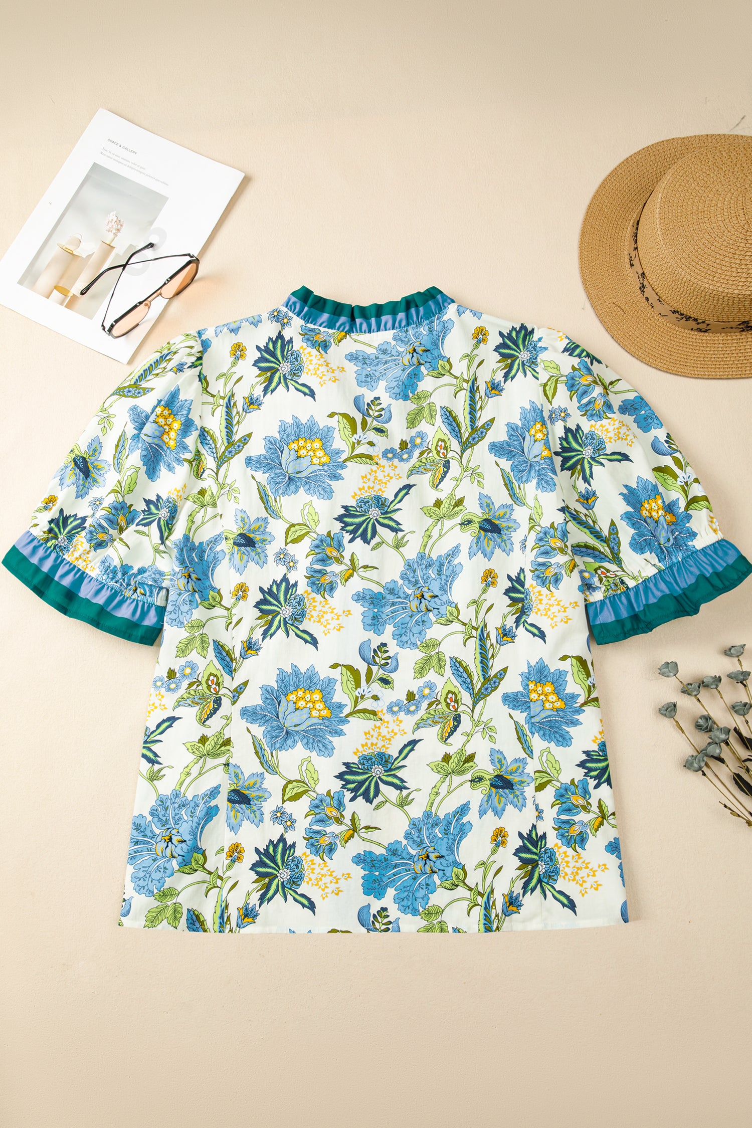 Sky Blue Plus Size Frilled V Neck Short Sleeve Floral Blouse-Plus Size/Plus Size Tops/Plus Size Blouses & Shirts-[Adult]-[Female]-2022 Online Blue Zone Planet