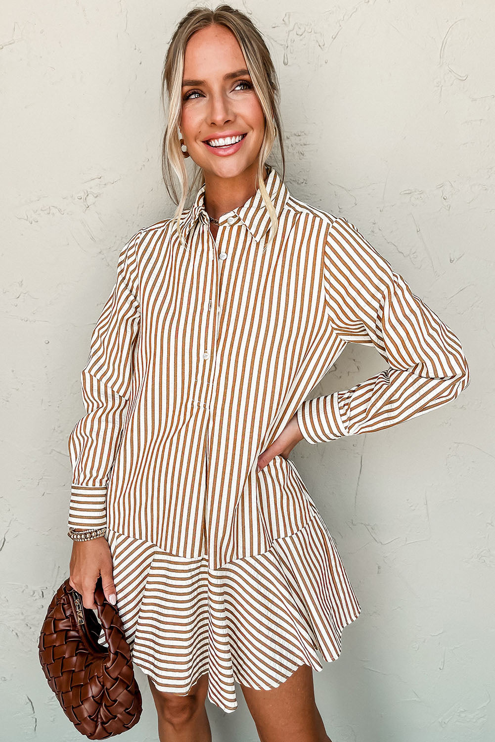 Brown Stripe Ruffled Hem Collared Long Sleeve Shirt Mini Dress-TOPS / DRESSES-[Adult]-[Female]-2022 Online Blue Zone Planet