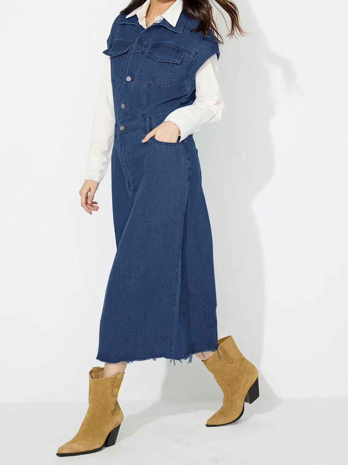 Slit Half Button Collared Neck Cap Sleeve Denim Dress-TOPS / DRESSES-[Adult]-[Female]-2022 Online Blue Zone Planet