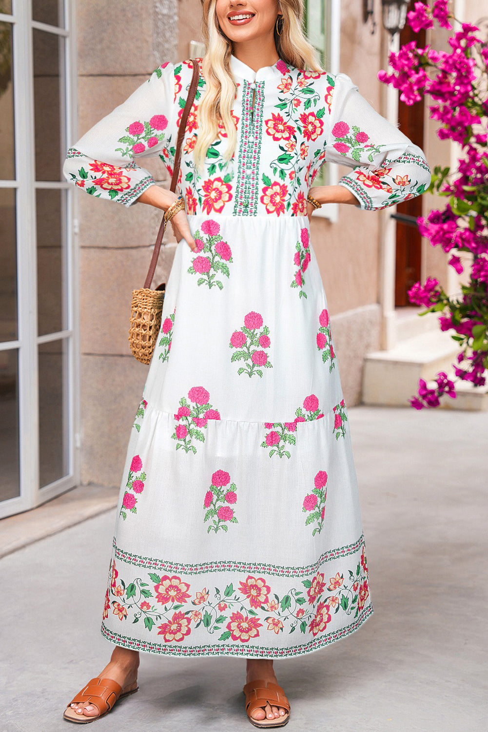 White Floral Print Loose Tiered Maxi Dress-Maxi Dresses-[Adult]-[Female]-White-L-2022 Online Blue Zone Planet