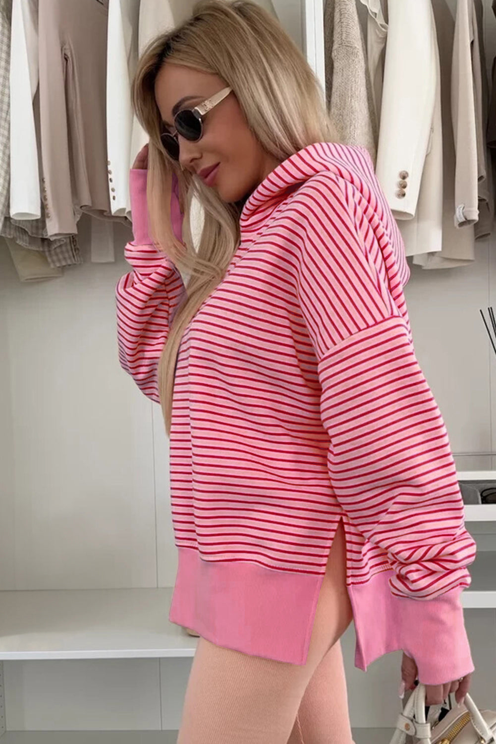 Rose Stripe Thumbhole Side Slits Drop Shoulder Loose Fit Hoodie-Tops / Dresses-[Adult]-[Female]-2022 Online Blue Zone Planet