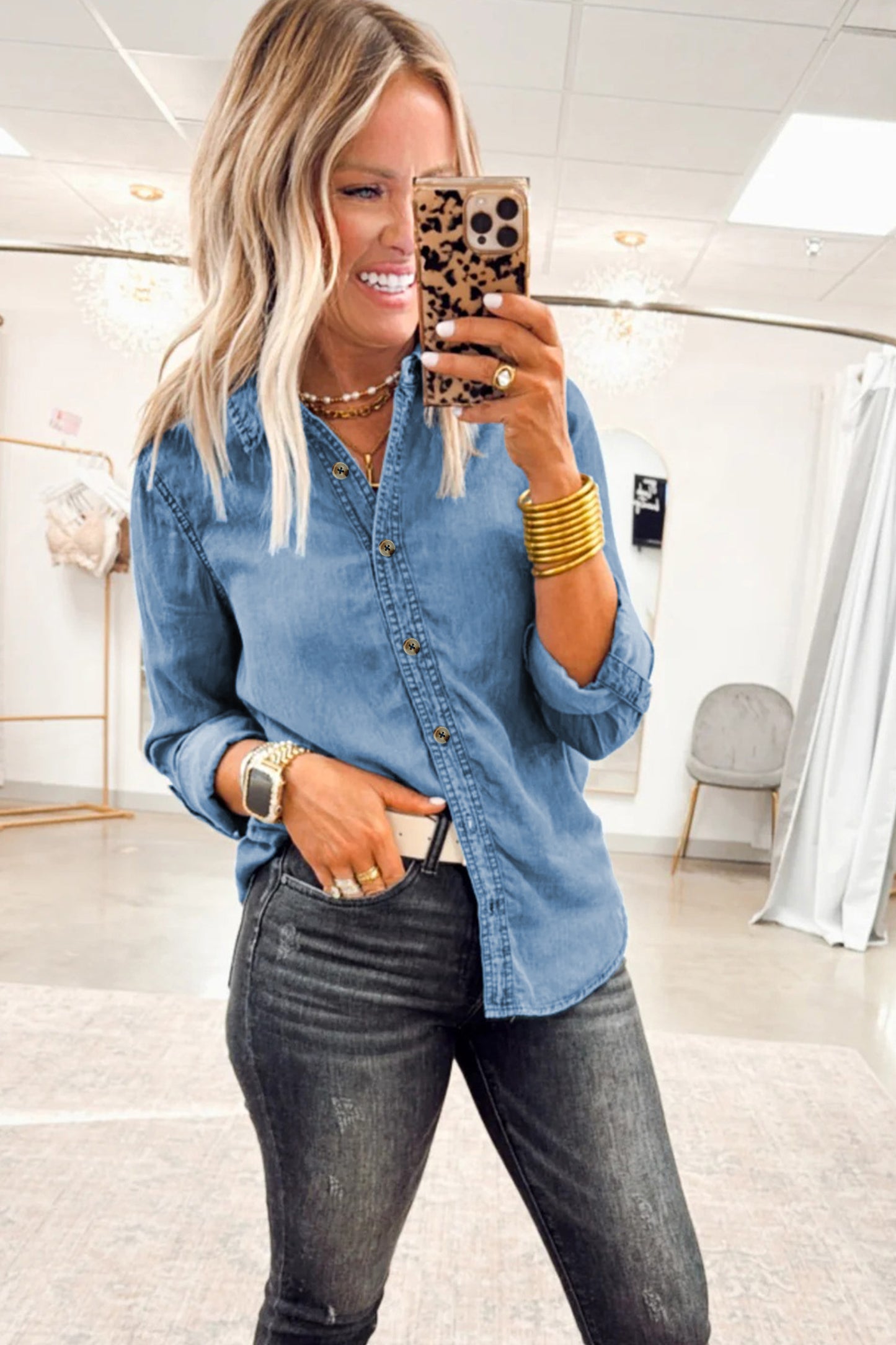 Myosotis Buttoned Down Slim Denim Shirt-Tops/Blouses & Shirts-[Adult]-[Female]-2022 Online Blue Zone Planet