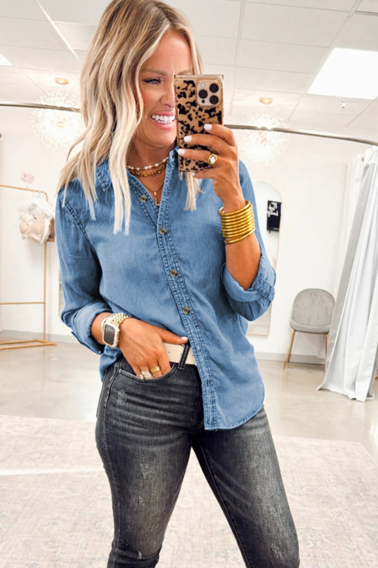 Myosotis Buttoned Down Slim Denim Shirt-Tops/Blouses & Shirts-[Adult]-[Female]-2022 Online Blue Zone Planet