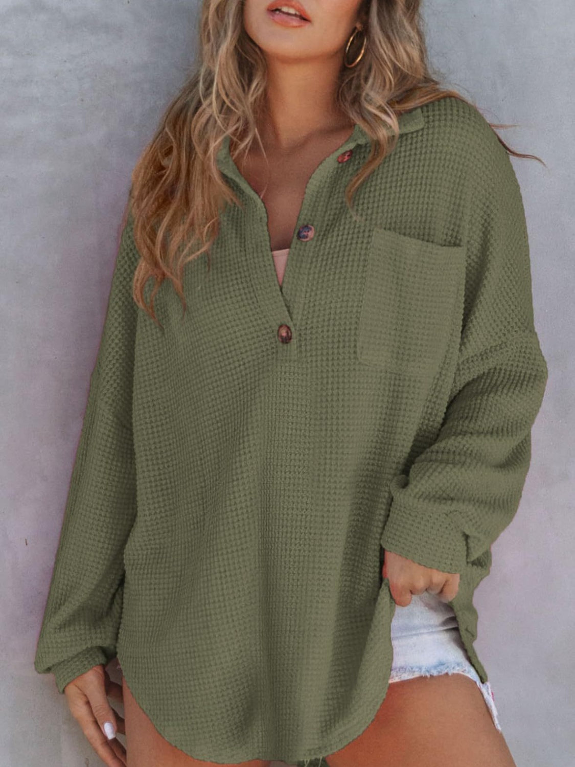 Blue Zone Planet | Waffle-Knit Dropped Shoulder Long Sleeve Sweatshirt-TOPS / DRESSES-[Adult]-[Female]-Army Green-S-2022 Online Blue Zone Planet